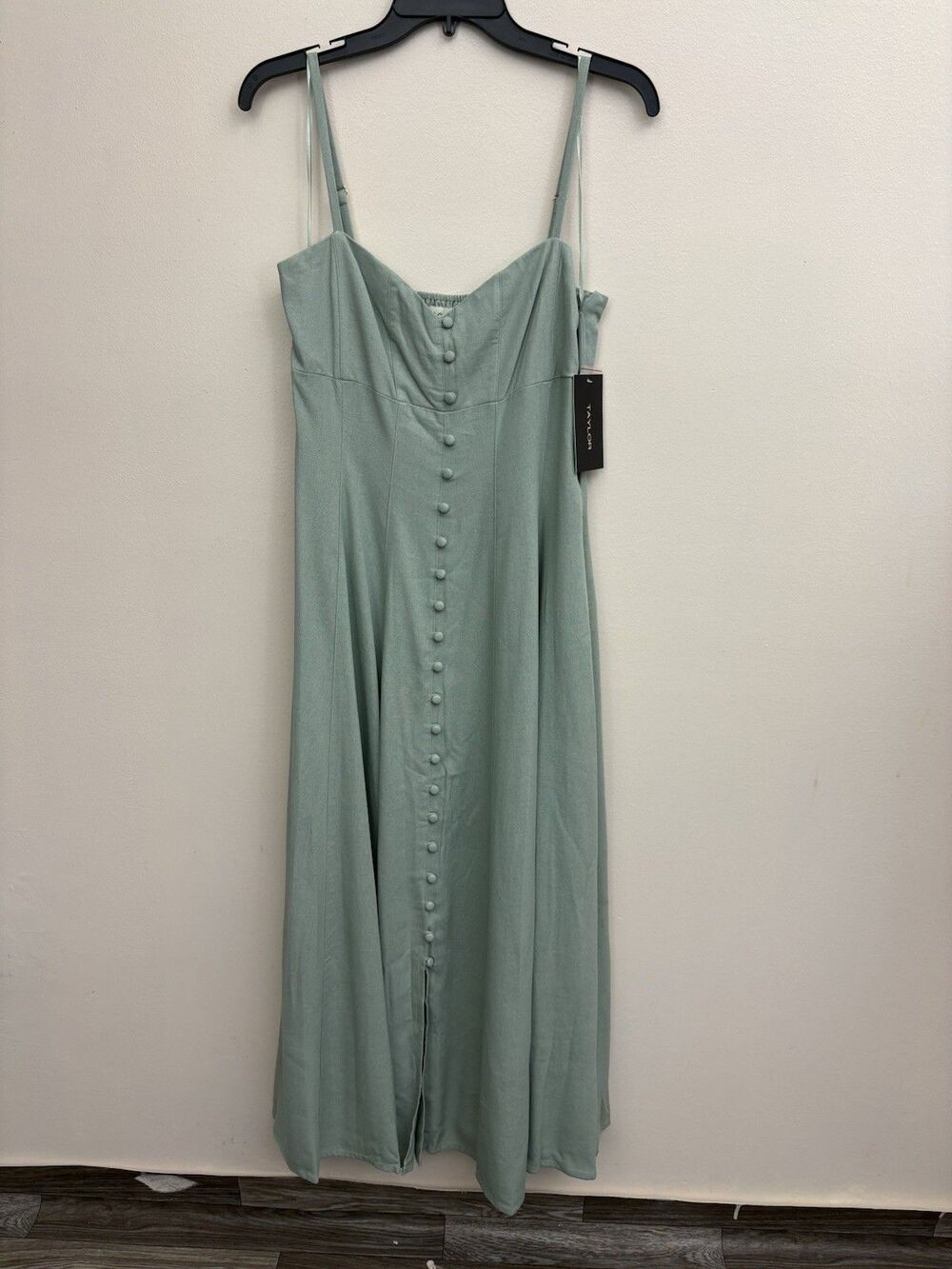 Taylor Women's Linen Blend Fit Flare Midi Dress Buttons Sage Mint Green Size 8 - Picture 2 of 15